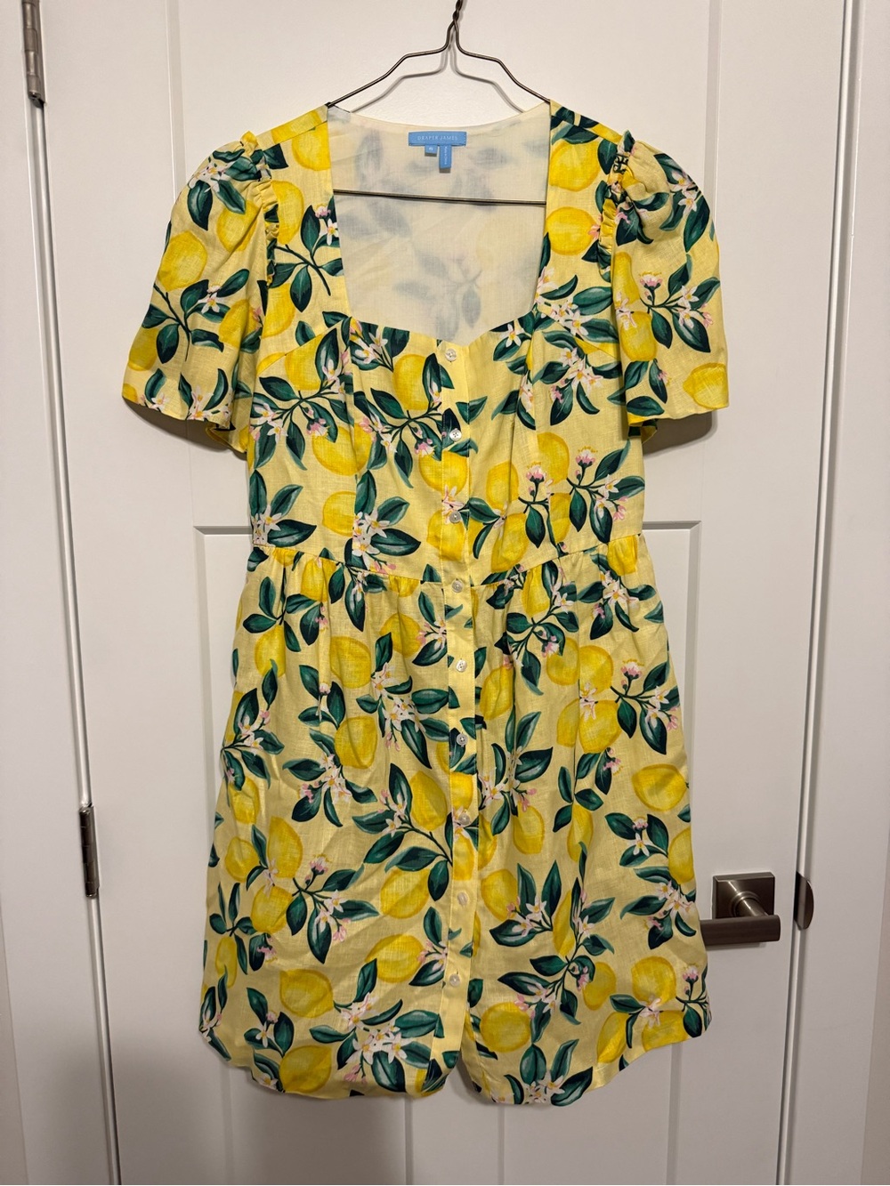 Lemon Print Square Neck Mini Linen Dress Cottagecore coastal euro summer